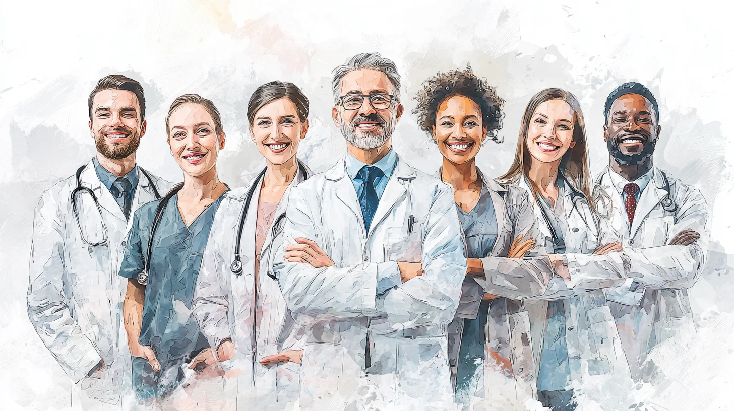Illustrated team of physicians and medical office staff in white lab coats